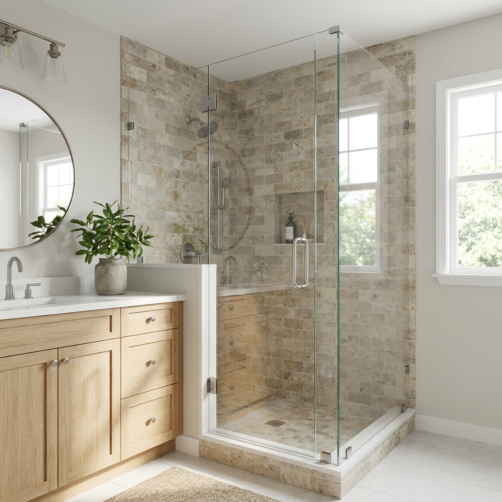 Marble bathroom with glass shower and vanity