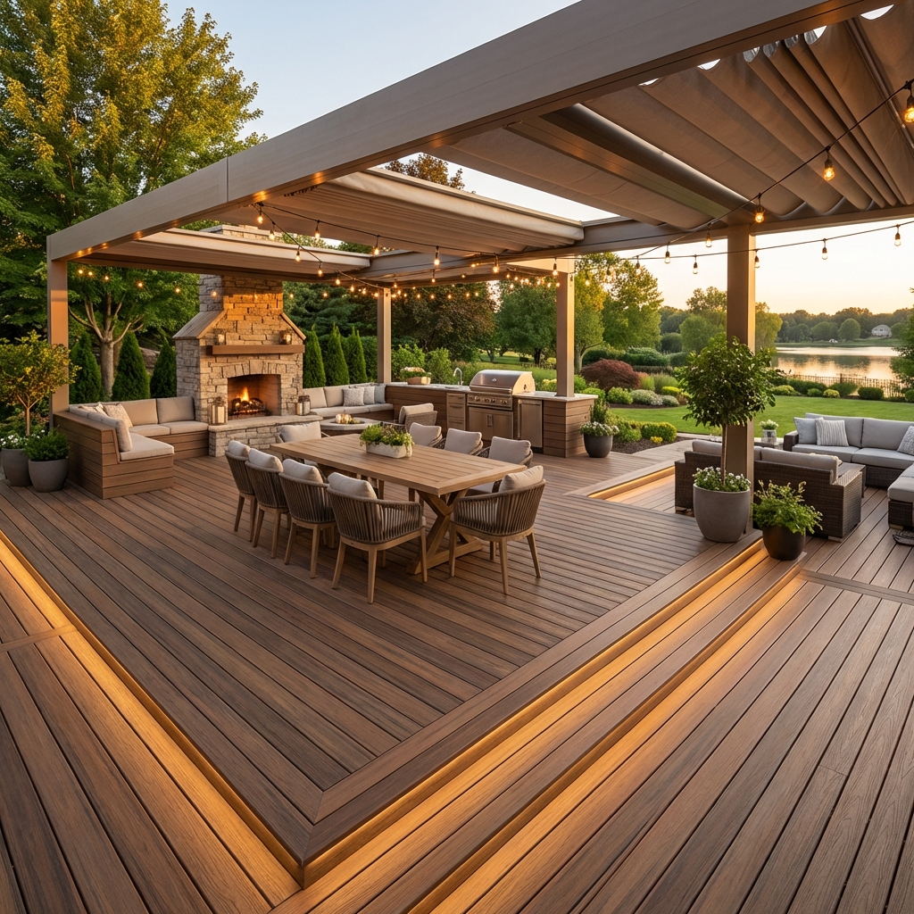 Two-tier composite deck with landscaping